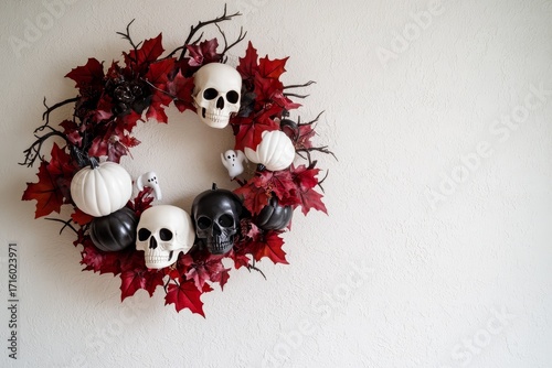A decorative Halloween wreath, featuring white and black skulls, pumpkins, and red leaves, is displayed on a textured white wall.