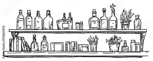 Shelves with Various Bottles Jars and Plants black shape vector laser cutting engraving monochrome print