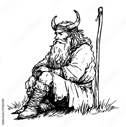 Hand Drawn Viking Warrior Sitting with Staff Vector
