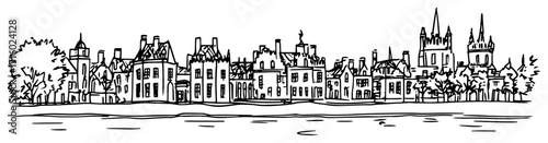 Riverside European Cityscape Hand Drawn Vector Illustration