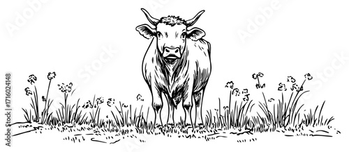 Cow in Meadow Hand Drawn Farm Animal Vector Illustration