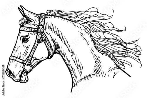 Horse Head Portrait in a Hand Drawn Engraving Style Monochrome Vector Illustration