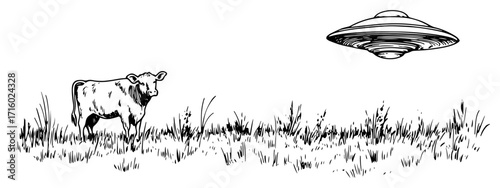 Alien UFO Abducting a Cow from a Farm Field Sketch black shape vector laser cutting engraving monochrome print