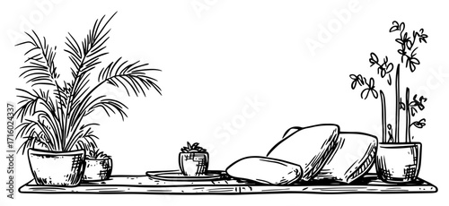Cozy Interior Scene with Potted Plants and Pillows black shape vector laser cutting engraving monochrome print