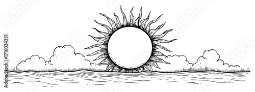 Vintage Sun Rising Over the Sea Hand Drawn Sketch Vector Landscape for Engraving