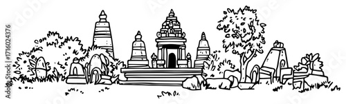 Asian Temple Landscape with Stupas and Nature Hand Drawn Doodle Vector Illustration