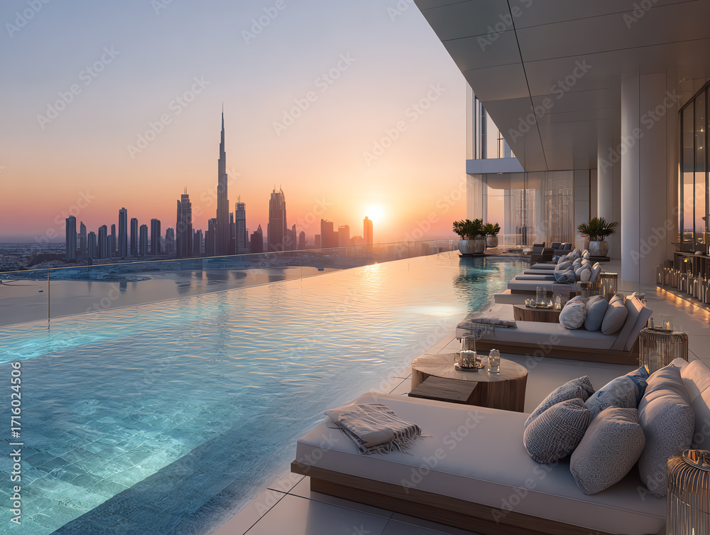 Fototapeta premium Luxurious poolside view of city skyline at sunset.