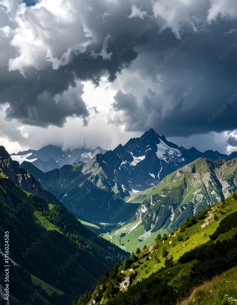 Obraz premium Alpine valley under dramatic sky