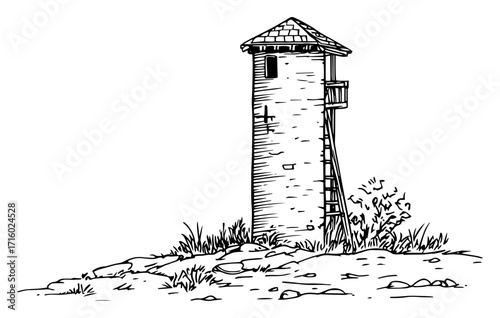 Old Stone Watchtower on a Hill Hand Drawn Sketch black shape vector laser cutting engraving monochrome print
