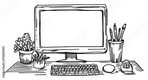 Home Office Workspace with a Computer on a Desk black shape vector laser cutting engraving monochrome print