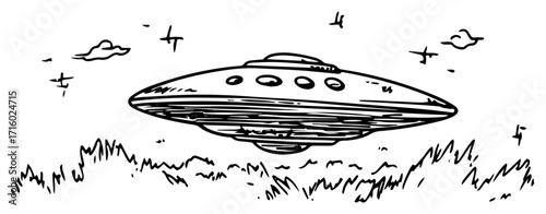 Hand Drawn UFO Flying Saucer in the Sky Sketch black shape vector laser cutting engraving monochrome print