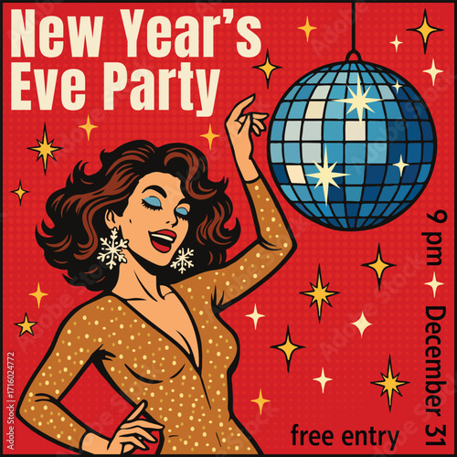 New Year’s Eve Party Pop Art invotation card Perfect for event promotion, flyers, posters, and invitations.