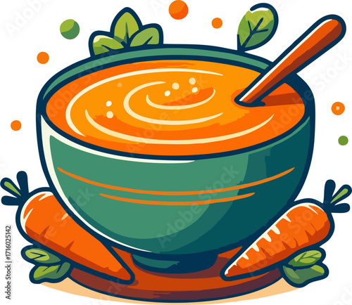 Vibrant Cartoon Vector of Creamy Carrot and Pea Soup Bowl with Fresh Whole Carrot, Parsley Garnish, and Croutons for Healthy Vegan Meal Illustration