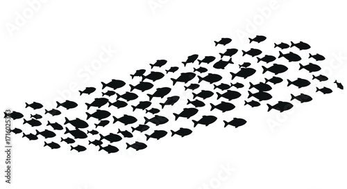A large school of black fish swimming in a single direction