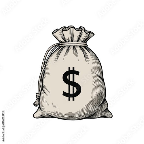 A vintage illustration of a money bag filled with cash and a prominent dollar sign.