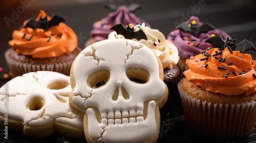 Festive Halloween treats with spooky skull cookies and colorful cupcakes decorated for the holiday.