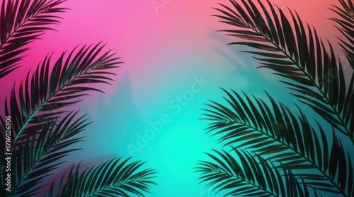 Fondo tropical de neón degradado con hojas de plátano brillantes, concepto futurista artístico que fusiona verano exótico y diseño minimalista