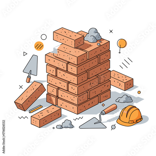 Building a brick wall with construction tools and safety helmet.