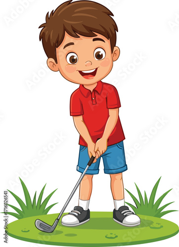 Young boy playing golf, outdoor sports activity, cheerful child, cartoon illustration, green grass, golf club, ball, fun, recreation, kids