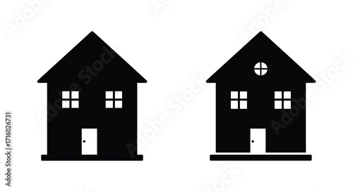 Simple black and white illustration of two adjacent houses with windows