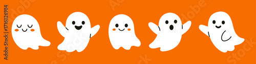 Vector halloween ghost set in flat design. Charming and funny phantoms with different moods on orange background. Cute spooky cartoon spirits for holiday decoration. Happy ghosts cliparts.