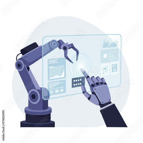 Robotic arm and holographic screen interaction within a smart factory, displaying production data, rendered as a vibrant 2D flat vector illustration.