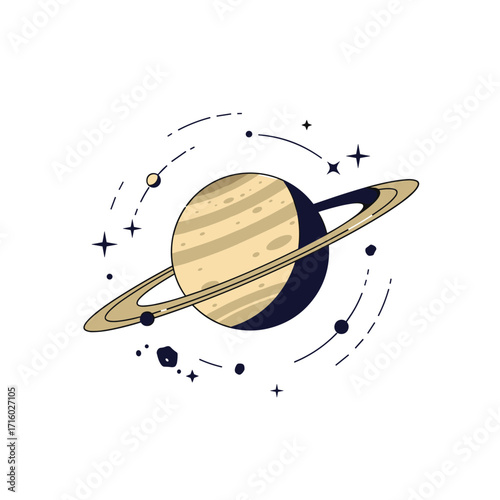 A stylized depiction of the planet Saturn with its iconic rings and orbiting moons against a starry background.