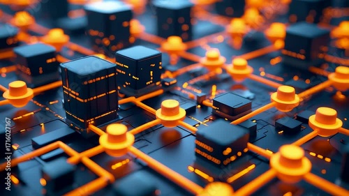 Abstract glowing circuit network with illuminated nodes and black cubes showing digital data flow, blockchain connection and modern technology grid