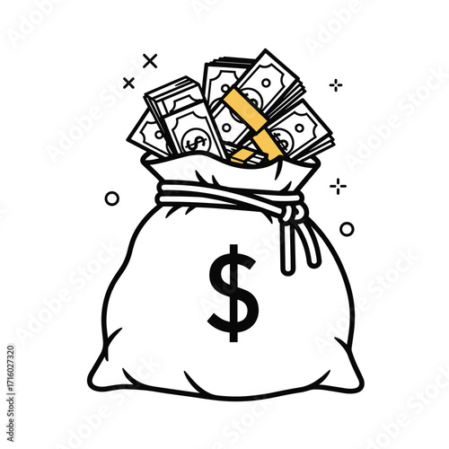A large money bag overflowing with cash and currency.