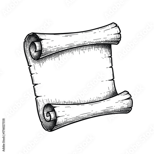 An ancient rolled parchment scroll with textured paper and curled ends ready for writing historical narratives or mystical prophecies.