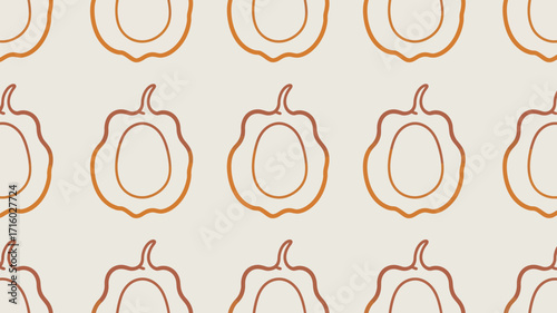 Seamless repeating pattern of orange acorn squash outlines on a light beige background design element 100