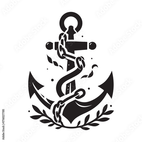 Anchor wrapped in kelp and chain vector silhouette outline logo design concept illustration