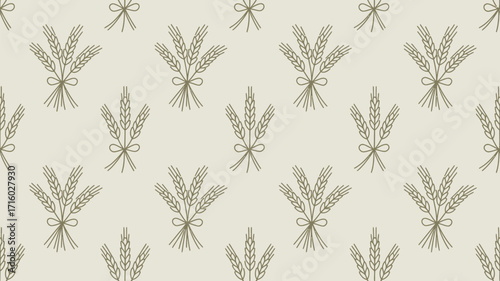 Repeating wheat stalk pattern with bows on a light background creating a seamless design element