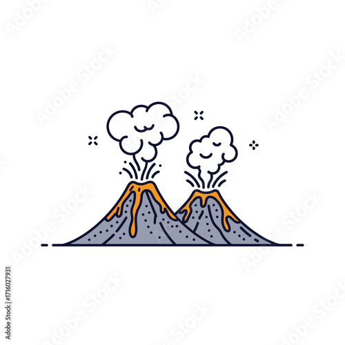 Two volcanoes erupting with lava and smoke. Their slopes are dotted and detailed with ash and rocks.