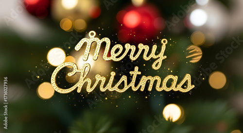 Merry Christmas Gold Text with Warm Bokeh Lights — Festive Greeting

