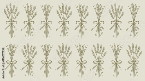 Repeated pattern of wheat sheaves tied with bows on a light beige background in a vintage style