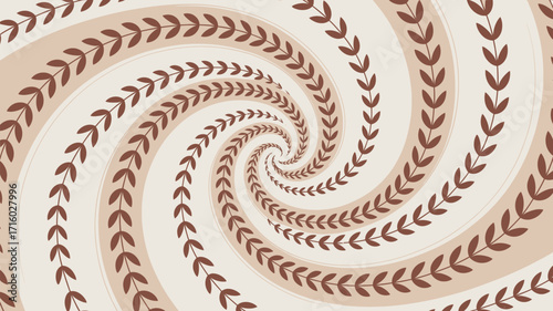 A swirling vortex of brown leaf patterns on a beige background creating an optical illusion effect