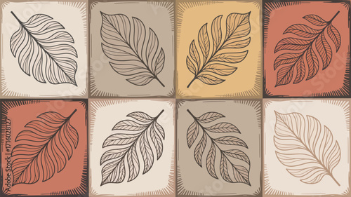 Decorative pattern with sketched leaves in squares of beige brown orange and cream colors showing art