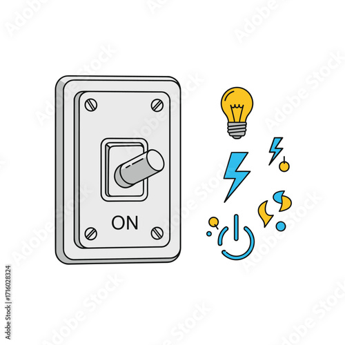 A toggle switch is depicted in the illustration in the on position with several symbols representing electricity and light bulbs.