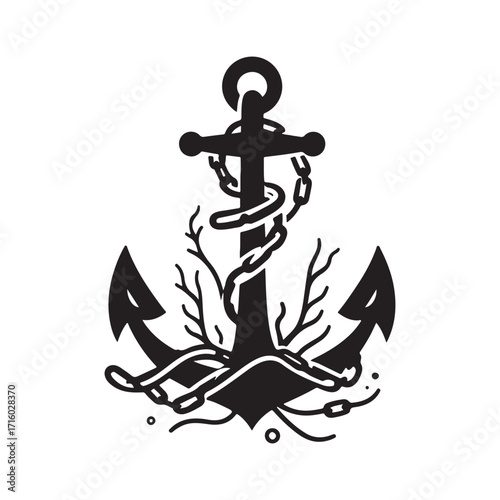 Anchor wrapped in kelp and chain vector silhouette outline logo design concept illustration