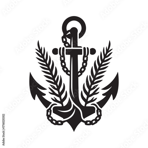 Anchor wrapped in kelp and chain vector silhouette outline logo design concept illustration