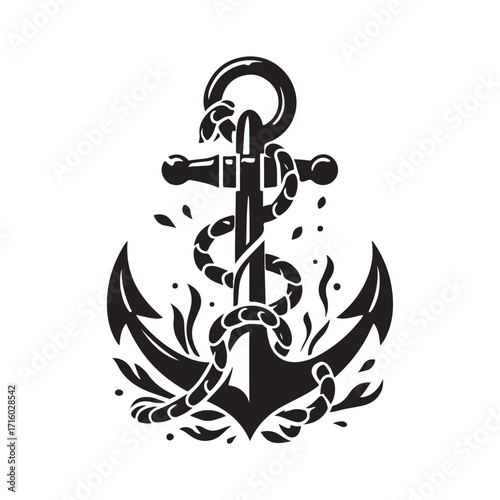 Anchor wrapped in kelp and chain vector silhouette outline logo design concept illustration