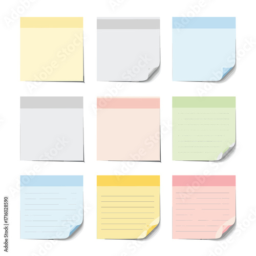 Collection of nine assorted colorful sticky notes with subtle shadow effects and a slightly peeled corner on each one.
