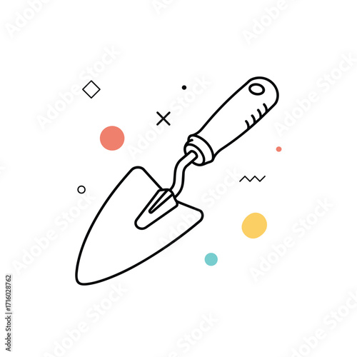 A simple outline drawing of a garden trowel surrounded by colorful abstract shapes and patterns.