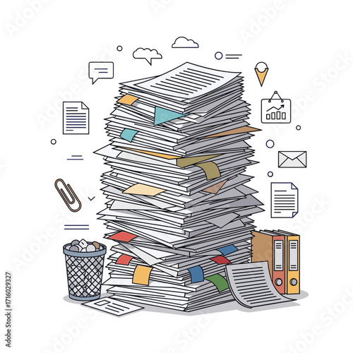 A massive stack of paperwork sits precariously near a trash bin and binders.