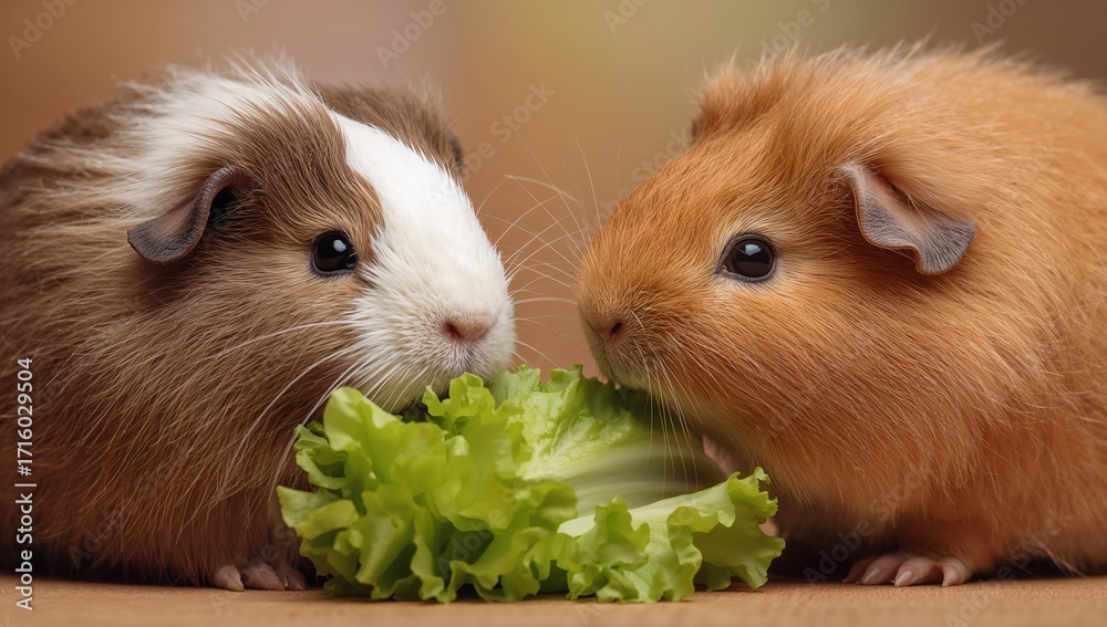 Fototapeta premium Two small brown and white guinea pigs eating lettuce