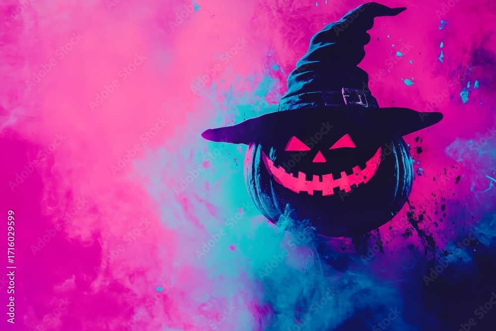 Fototapeta premium A spooky jack-o'-lantern, adorned with a witch's hat, is set against a backdrop of vibrant pink and teal colored smoke.