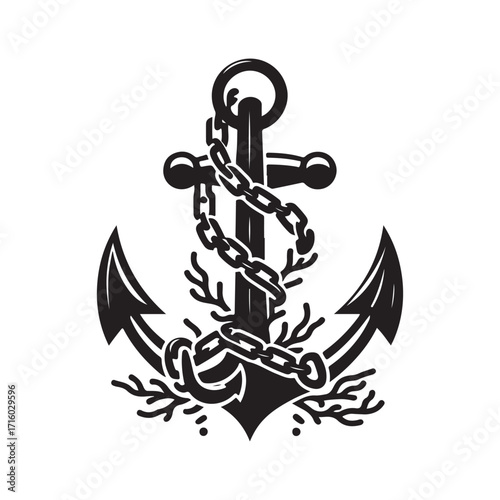 Anchor wrapped in kelp and chain vector silhouette outline logo design concept illustration