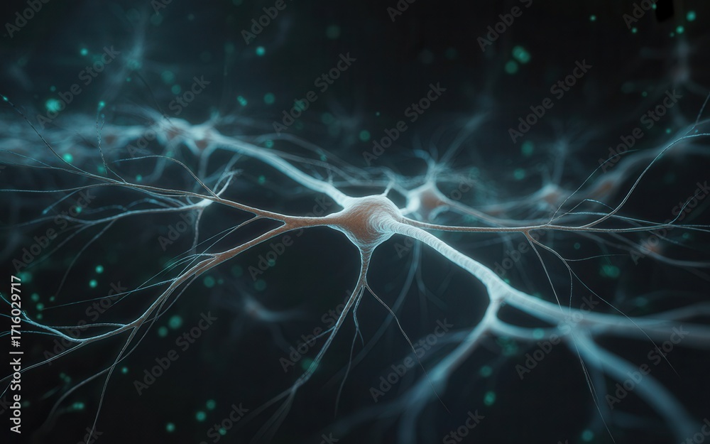 Fototapeta premium Close-up dynamic view of interconnected neurons firing signals, illuminating the brain's complex neural network.