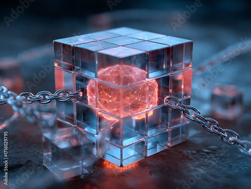 Abstract representation of a glowing cube with chains and energy.